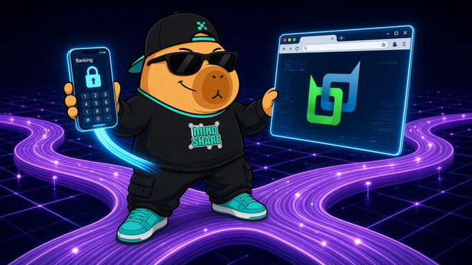 A cartoon mascot character wearing sunglasses, a black cap, and a "MIND SHARE" shirt holds a phone displaying a banking keypad and a holographic browser window showing the Liquidityshare logo, set against a neon synthwave background.