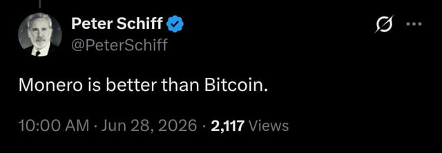 The image shows a tweet from Peter Schiff (@PeterSchiff) that reads "Monero is better than Bitcoin." The tweet was posted at 10:00 AM on June 28, 2026, and has 2,117 views.