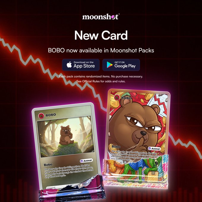 The image features a brown bear card with a red background, accompanied by a gold-colored card that has a cartoon bear sitting on top of a tree. The text "New Card" is displayed above both cards, indicating they are new items available for purchase in Moonshot Packs.