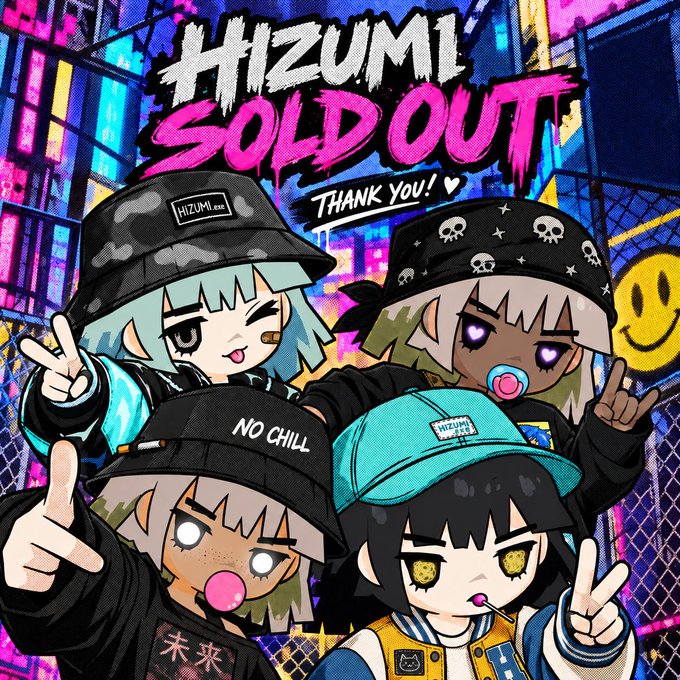 The image is a vibrant promotional graphic featuring four anime-style characters wearing streetwear caps and posing with peace signs, with the bold text "HIZUMI SOLD OUT" and "THANK YOU! ♥" displayed at the top. The accompanying caption celebrates the brand's successful sold-out drop while playfully questioning whether it's time to "take the mask off," fitting the edgy, urban aesthetic of the Hizumi brand depicted in the illustration.