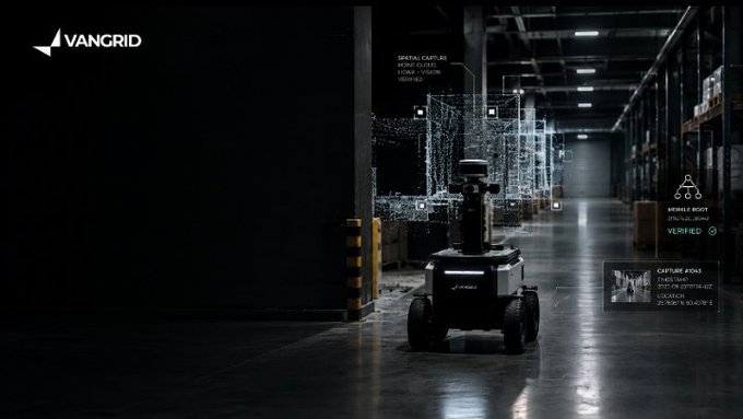 A dark, futuristic warehouse setting featuring a VANGID-branded autonomous security robot with overlaid augmented reality graphics displaying digital capture and video feed information.