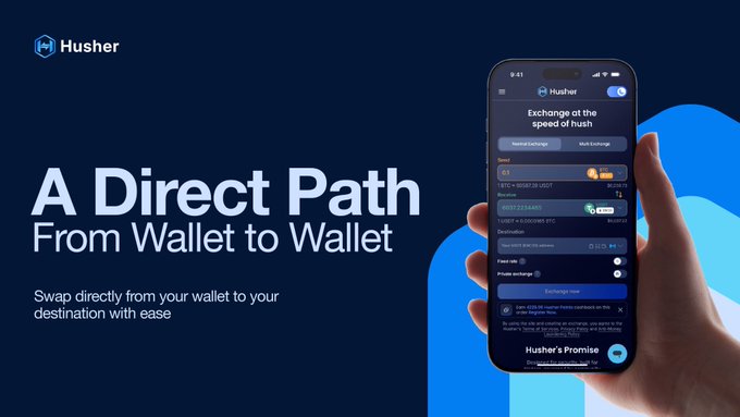 A promotional banner for Husher, a peer-to-peer crypto exchange app, features a hand holding a smartphone displaying its swap interface with the headline "A Direct Path From Wallet to Wallet." The screen shows an active exchange of 0.1 LTC to USDT, reinforcing the caption's emphasis on direct, non-custodial wallet-to-wallet transactions without holding funds.