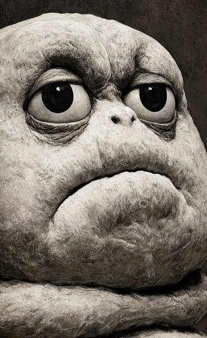 A grumpy, heavily textured cartoon creature glares with wide, soulful eyes and a pronounced frown, embodying the skeptical mood of questioning whether the algorithms have truly been fixed.