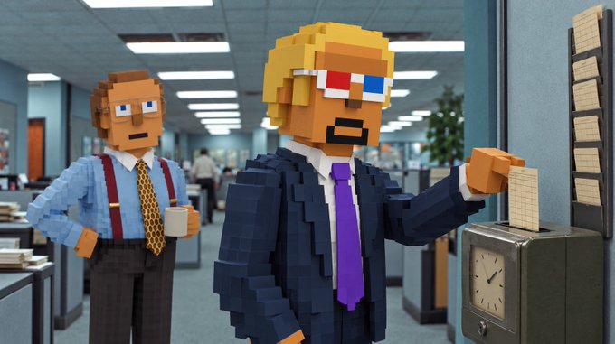 A 3D voxel-style artwork of an office scene featuring two blocky characters in business attire, one holding a coffee mug near a wall-mounted time clock and paperwork.