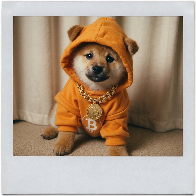 A Shiba Inu dog wearing an orange hoodie and a gold Bitcoin chain necklace with a B pendant, posed like an Instagram Polaroid photo.