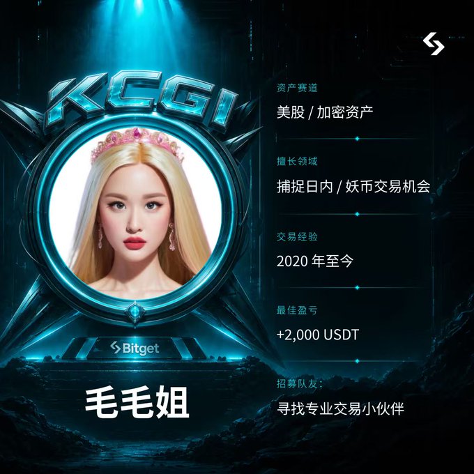 A promotional trading graphic from Bitget featuring 'KEGI' and '毛毛姐' (Mao Mao Jie), displaying metrics in Chinese including asset classes (US stocks/crypto), trading experience since 2020, and a best profit of +2,000 USDT.