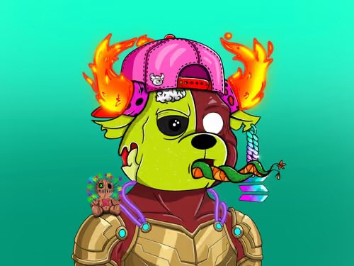 A digital illustration of a cartoon dog-like character with green and brown fur, wearing a pink baseball cap and golden armor, with flames coming from its ears on a green background.