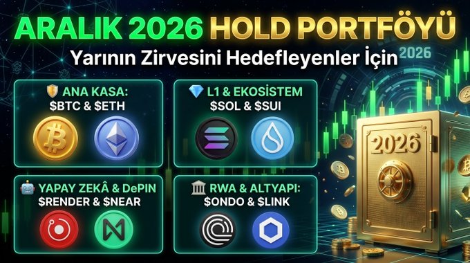 A Turkish-language cryptocurrency infographic titled 'ARALIK 2026 HOLİ PORTFÖYÜ' displaying categories like 'ANA KASA: $BTC & $ETH', 'L1 & EKOSİSTEM', 'YAPAY ZEKA & DePIN', and 'RWA & ALTYAPI' with their respective coin logos.