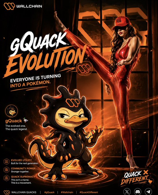 The image features an advertisement for a game called "gQuack Evolution" that involves characters from the Pokémon franchise. The poster includes a woman dressed as a Quack, who appears to be dancing or doing a kickstand, along with a character in a red outfit and a character in a black outfit. The text on the poster encourages people to join the evolution process by becoming a Quack and transforming into their final form. The post also mentions that Wallchain is not just a meme but has become visible as part of the game's evolution system, which involves players becoming Quacks and progressing through various stages until they reach their final form.