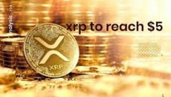 The image shows a gold XRP coin against a backdrop of stacked coins, with the text "xrp to reach $5" displayed prominently, directly reinforcing the post's hypothetical scenario about XRP reaching a $5 price point.