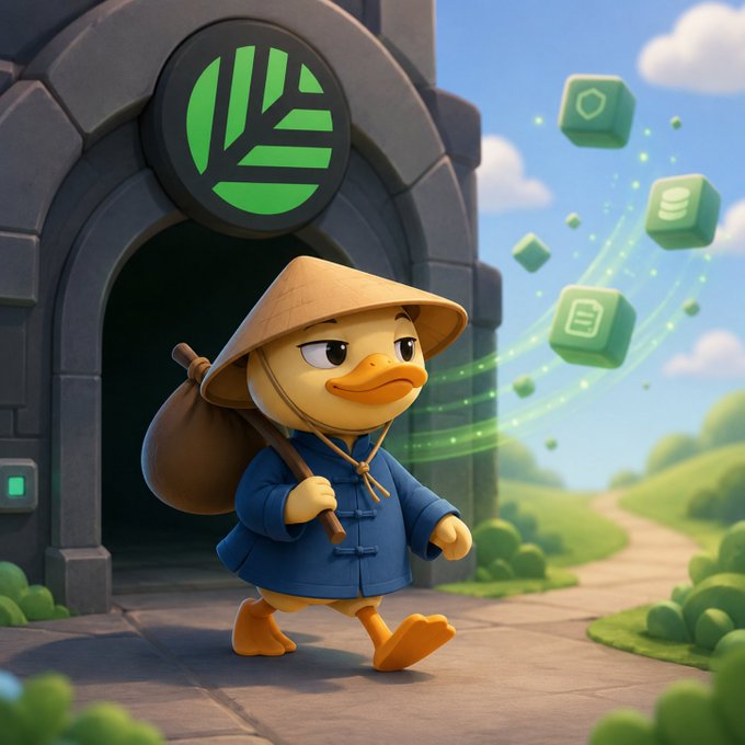 A 3D-rendered cartoon duck wearing a conical straw hat and blue traditional outfit walks out of a stone archway bearing a green logo, carrying a bindle while green cube icons float nearby.