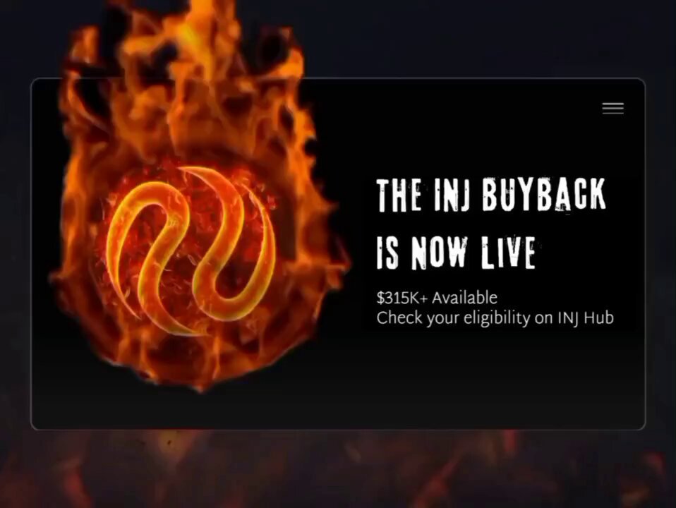 The image shows a website display of an advertisement for an Inj Community BuyBack program called June. The advertisement reads "It's finally live!" and indicates that over $315,000 has been allocated for those who are qualified under the program. The focus is on what is in the image and how it relates to the post about the Inj Community BuyBack.