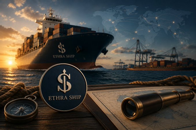 A maritime-themed digital artwork showing a large blue cargo ship labeled 'ETHRA SHIP' with a dollar sign logo, set against a sunset sky with a world map overlay and shipping routes.
