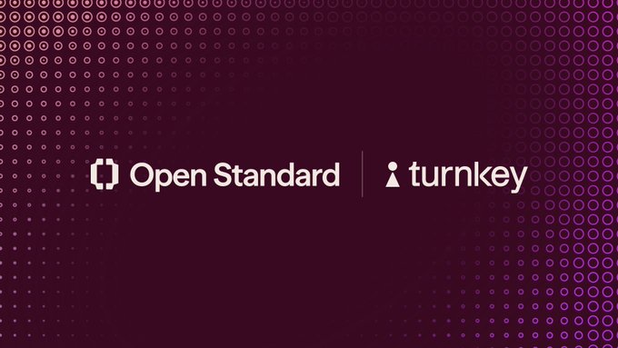 A graphic displaying the logos for 'Open Standard' and 'turnkey' side-by-side on a dark purple background with a dotted pattern.