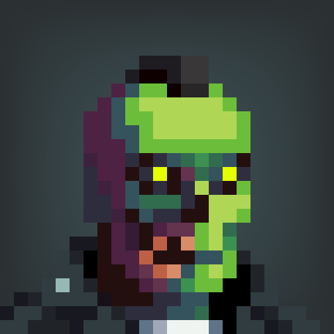 A pixelated character with a green skull-like face and purple hood is centered against a dark background. The blocky, undead-style art matches the Halloween theme of the Genuinely Undead NFT collection giveaway being promoted.