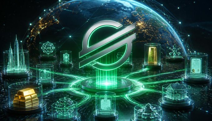 A futuristic digital graphic featuring a green circular symbol with a diagonal slash, set against a globe and surrounded by glowing icons of gold bars, houses, documents, and skyscrapers, connected by green energy lines.