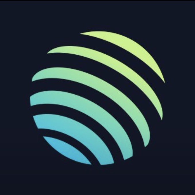 A logo featuring a sphere made of curved, horizontal stripes that gradient from light yellow-green at the top to teal-blue at the bottom, set against a dark navy background.