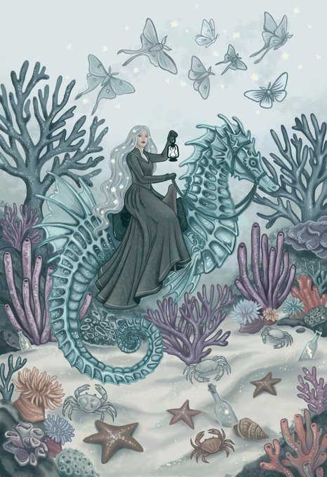A fantasy underwater illustration shows a pale woman in a dark dress riding a large seahorse through coral reefs, holding a lantern while butterflies float above. The image relates to the post’s “color or black-and-white” question by blending muted color with sketch-like monochrome elements.