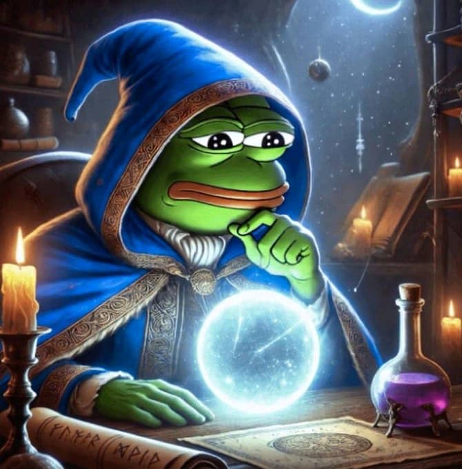An AI-generated illustration of a green Pepe the Frog character dressed as a wizard or sorcerer, wearing a blue hooded robe and gazing into a glowing crystal ball on a desk surrounded by candles, books, and a purple potion bottle.