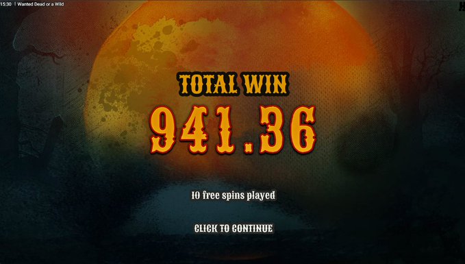 A 'Wanted Dead or a Wild' slot game win screen displaying a 'TOTAL WIN' of 941.36 with '10 free spins played' and a 'CLICK TO CONTINUE' button.