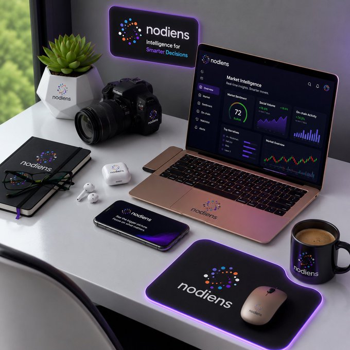 A branded desk setup featuring 'nodiens - Intelligence for Smarter Decisions' merchandise including a laptop displaying Market Intelligence dashboard, camera, notebook, smartphone, mug, and mousepad.
