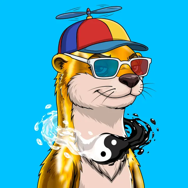 Stylized illustration of a yellow anthropomorphic animal character wearing 3D glasses (blue/red), a propeller hat with red, yellow, and blue sections, with water/liquid effects against a blue background.