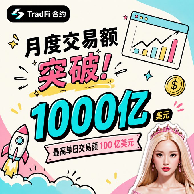 A promotional graphic for TradFi 合约 (contract) celebrating a monthly trading volume breakthrough of 1000亿美元 (100 billion USD), featuring a blonde woman wearing a tiara.
