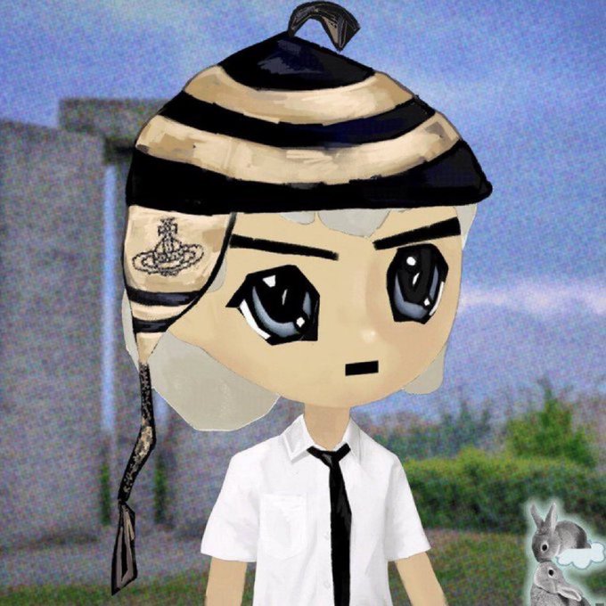 A digital avatar of a character with large expressive eyes wears a black and tan striped beanie and a white shirt with a black tie, with a small rabbit illustration in the corner.