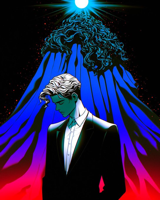 A stylized illustration of a young man with silver hair in a dark suit standing with his head bowed, set against a vibrant background of blue and pink abstract shapes resembling a mountain or tree topped with a bright glowing light.