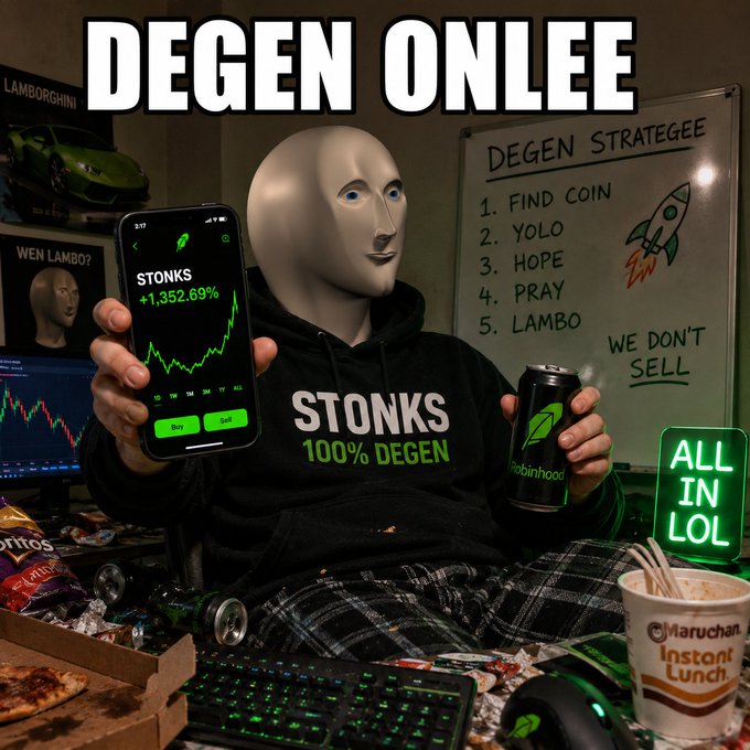 A meme image titled 'DEGEN ONLEE' featuring a masked figure in a 'STONKS 100% DEGEN' hoodie holding a phone showing a +1,352.69% gains chart, a Robinhood energy drink, instant noodles, and a whiteboard listing the 'Degen Strategie' (Find Coin, Yolo, Hope, Pray, Lambo, We Don't Sell).