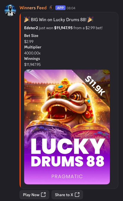 A Winners Feed notification from MetaWin showing user "Edster2" winning $11,947.95 on Lucky Drums 88 (Pragmatic) from a $2.99 bet with a 4000.00x multiplier, illustrating the type of big wins promoted in the accompanying post.