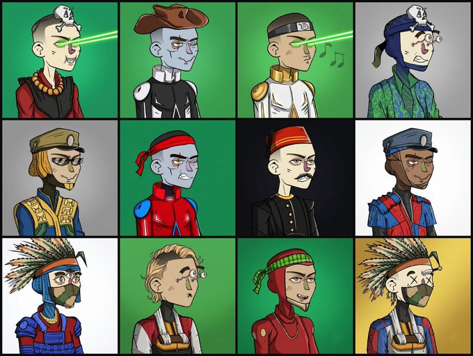 A grid of twelve cartoon-style character portraits, many featuring ninja or pirate themes with headbands, bandanas, and various facial features against colored backgrounds.