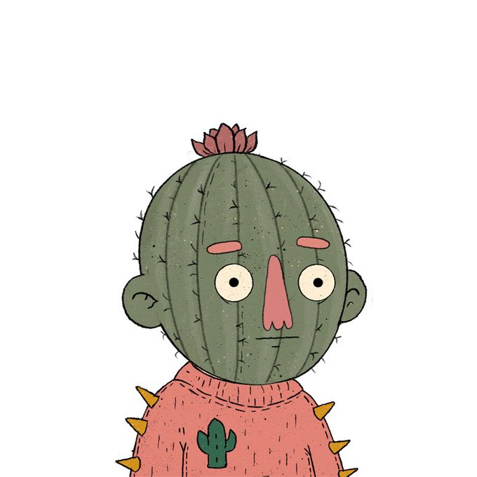 Illustration of a green cactus-headed character with a flower on top, spiky arms, and a pink sweater featuring a cactus patch.