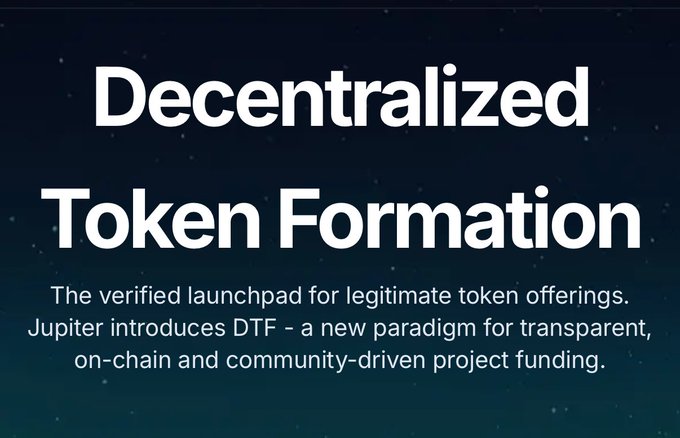 The image features a poster with white text that reads "Decentralized tokenization" against a dark blue background. The poster also includes a list of benefits for launching an ICO through DTF, such as transparency and community involvement.