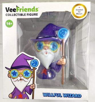 A VeeFriends collectible figure box featuring 'Willful Wizard,' a character with a purple hat, star-shaped glasses, and a wand, described as 'Created by Gary Vaynerchuk.'