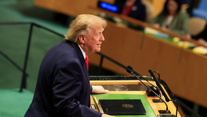 Former U.S. President Donald Trump is shown delivering an address at the United Nations General Assembly podium, an image used to illustrate news of his upcoming Oval Office announcement.