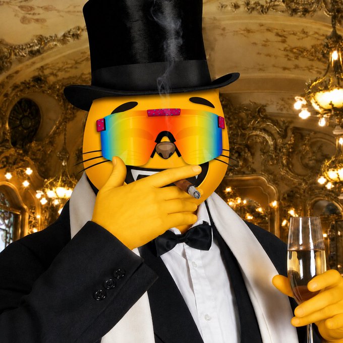 A surreal AI-generated image of a yellow smiley face emoji dressed in formal attire—a black top hat, tuxedo, and bowtie—smoking a cigar and holding a glass of champagne in an ornate room.