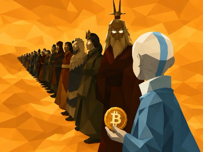 A stylized digital illustration shows a line of figures, including crowned and bearded individuals, standing in a row against an orange geometric background, while a character in the foreground holds a Bitcoin coin.