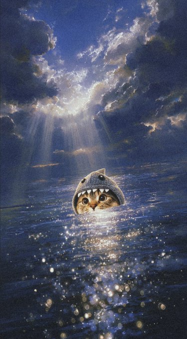 A whimsical illustration shows a tabby kitten wearing a gray shark hat emerging from sparkling ocean water beneath dramatic sunlit clouds.