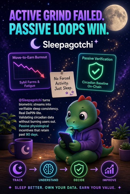 A promotional infographic for Sleepagotchi stating 'ACTIVE GRIND FAILED. PASSIVE LOOPS WIN.' featuring a cute green dinosaur character in a hoodie using a phone, with sections on 'Move-to-Earn Burnout' vs 'Passive Verification' and the tagline 'SLEEP BETTER. OWN YOUR DATA. EARN YOUR VALUE.'