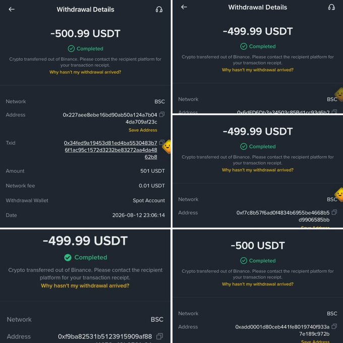 Screenshot collage showing multiple Binance withdrawal details for completed transactions of approximately 500 USDT each (500.99, 499.99, and 500 USDT) sent to various BSC network addresses, supporting the claim of giving away $500 to 5 winners.