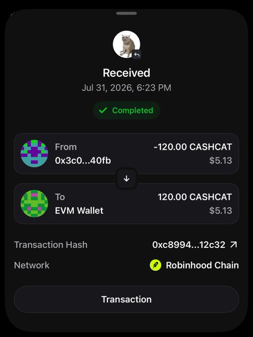 A completed cryptocurrency transaction on Robinhood Chain showing a transfer of 120.00 CASHCAT received by EVM Wallet.