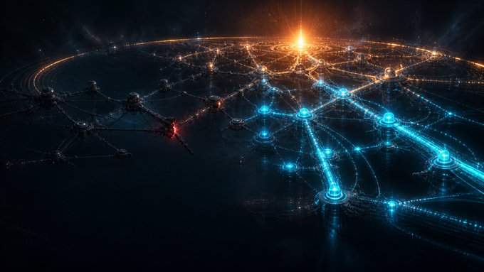 A glowing digital network of interconnected nodes stretches across a dark horizon, symbolizing the x402 protocol on SwarmBase—a system that transforms agents from mere function calls into autonomous economic actors capable of paying for their own APIs, data feeds, and inference without human-arranged transactions. The radiant web of light, with its central bright beacon illuminating linked pathways, visually represents the self-sustaining financial connectivity that UltraMind and x402 bring to decentralized AI agents.