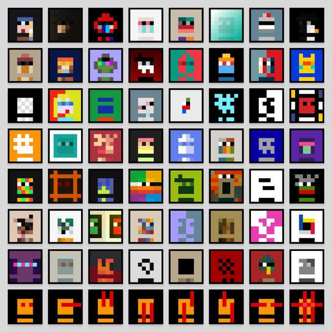 A grid of pixel art characters, including various figures, creatures, and icons in different colors, with the bottom row featuring orange Japanese katakana characters on a black background.