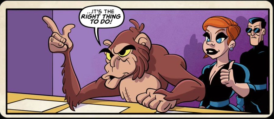 A comic panel showing a brown gorilla pointing upward and declaring '...IT'S THE RIGHT THING TO DO!' while a red-haired woman and a man in sunglasses give approving thumbs-up gestures.