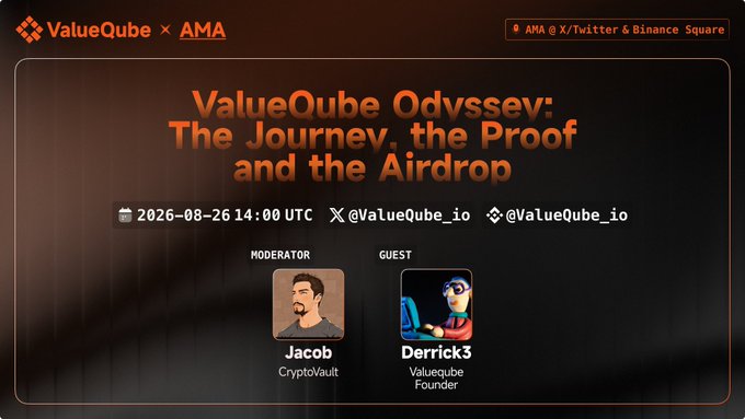 A promotional banner for a ValueQube AMA session titled "Odyssey: The Journey, the Proof and the Airdrop," featuring moderator Jacob (CryptoVault) and guest Derrick3 (ValueQube Founder), scheduled for August 26, 2026 at 14:00 UTC, matching the announcement of an upcoming discussion about Odyssey S01's verified Testnet quest approach.