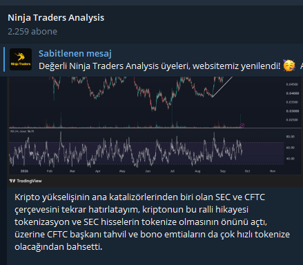 A pinned message from "Ninja Traders Analysis" (with 2,259 subscribers) announces that the channel's website has been renewed, displayed above a cryptocurrency price chart and TradingView analysis discussing how SEC and CFTC developments may impact altcoins.