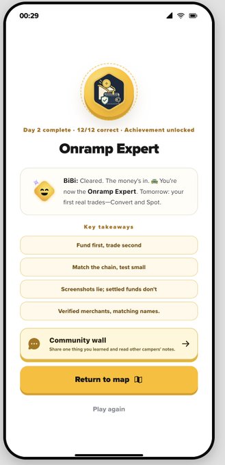 A mobile app screen showing 'Day 2 complete - 12/12 correct - Achievement unlocked' for 'Onramp Expert,' with key takeaways about crypto trading and a 'Return to map' button.