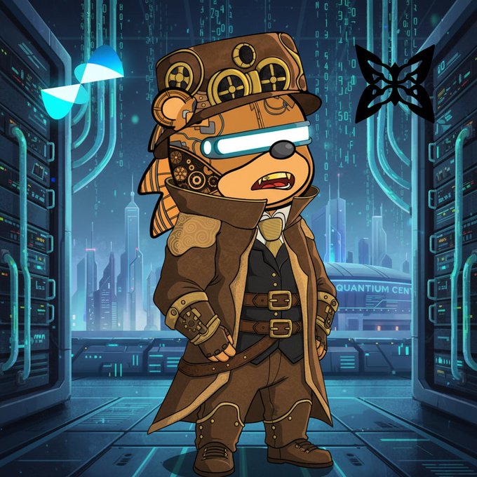 A stylized cartoon character in a steampunk brown coat, top hat, and glowing visor stands in a futuristic server room, flanked by a blue butterfly logo on the left and a black butterfly logo on the right.