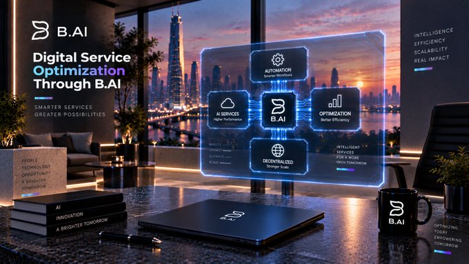 A promotional graphic for 'B.AI' highlights 'Digital Service Optimization' with icons for AI services, automation, and decentralized storage set against a city skyline.
